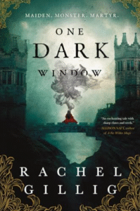 ODW The cover of the book One Dark Window depicts a woman in red standing on a bridge between 2 castles